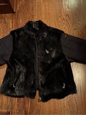 Black Rabbit Fur Jacket with Quilted Sleeves